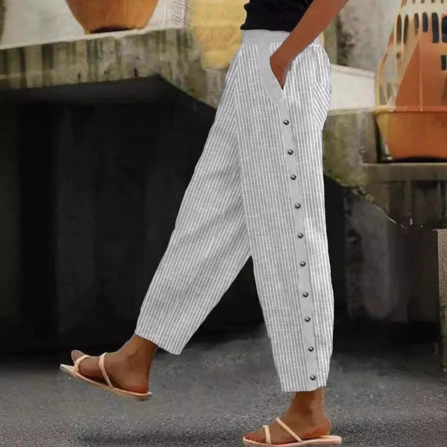 Women's Cropped Pants Printed Striped Buttoned Trousers Casual Elastic Waist Pocket Pants
