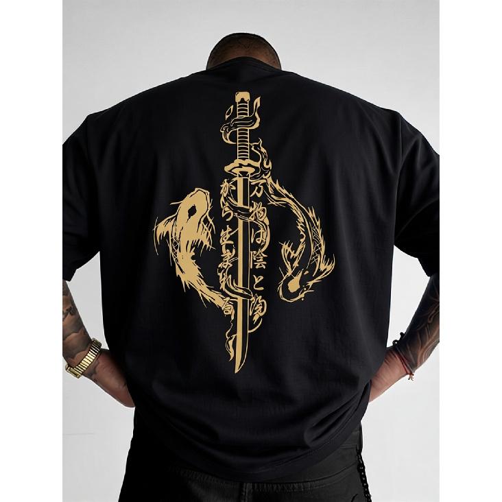 Men'S Casual Graphic Tee Featuring a Loose Fit And Round Neck, Designed for Summer with a Geometric Dragon And Sword Motif. This Machine-Washable Top