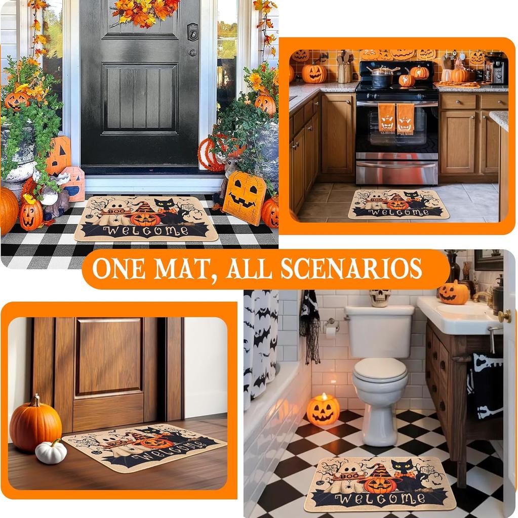Halloween Welcome Mat Ghost Black Cat Indoor Outdoor Halloween Decorations Porch Entrance Hallway Kitchen Rug