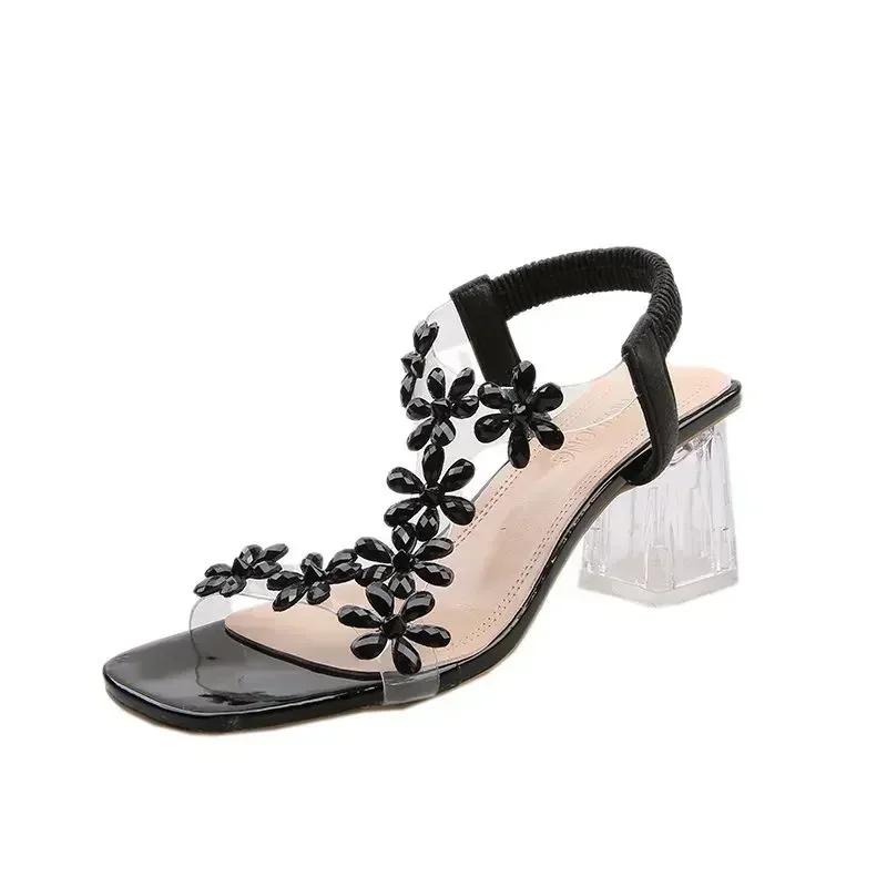 Elastic Band Women's Sandals 2025 Summer Open Toe Rhinestones Flower Transparent Chunky Heels Large Size 43 Sandals
