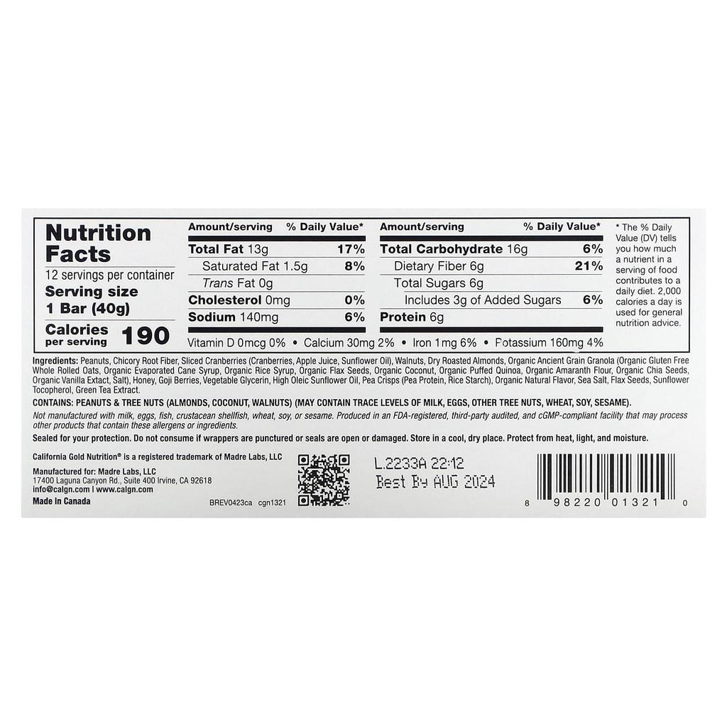 California Gold Nutrition Food, Cranberry & Almond Chewy Granola Bars, 12 Bars, 1.4 Oz (40 G) Each