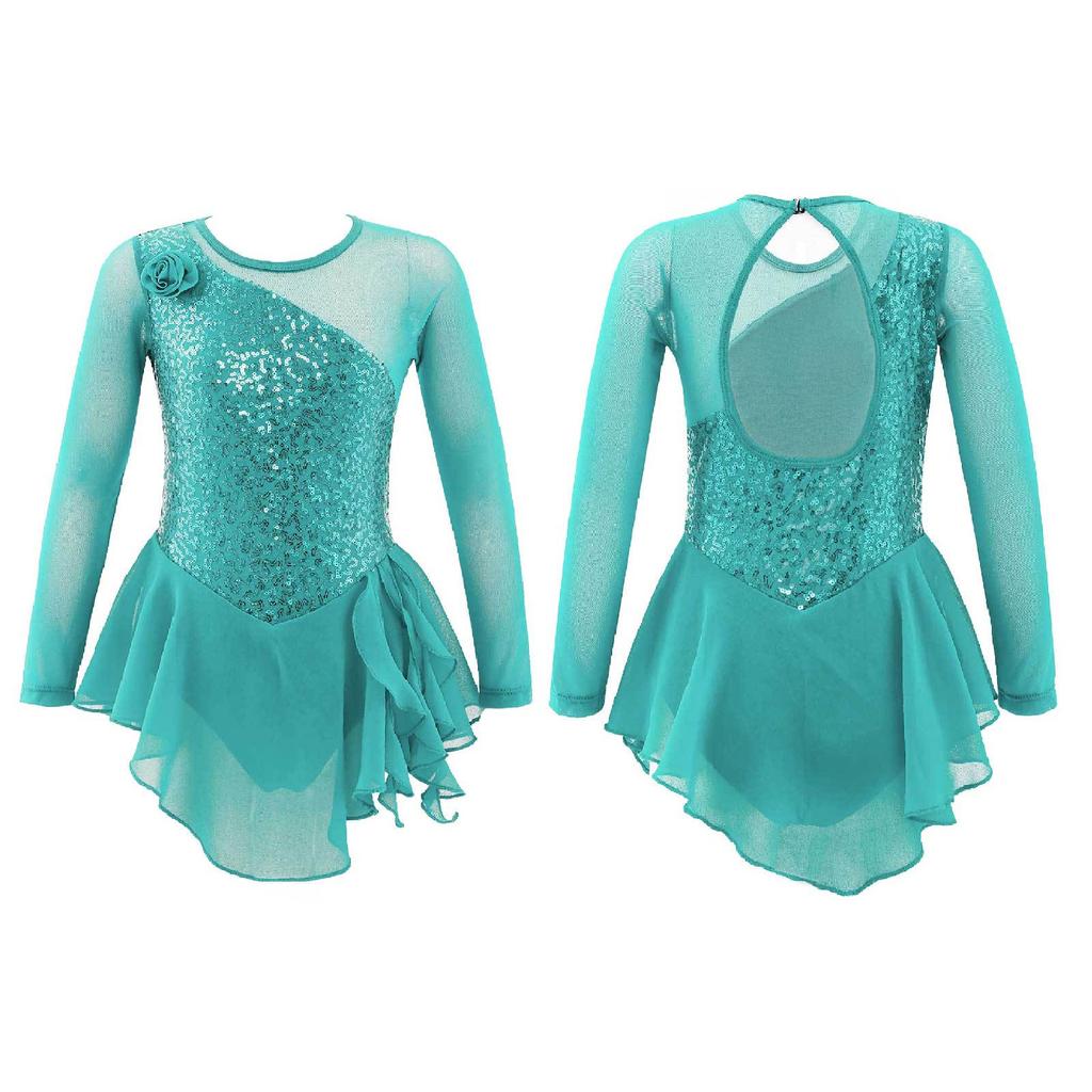 Girls Long Sleeve Mesh Patchwork Style Irregular Sequins Decor Dress Skating Dance Gymnastic Dress