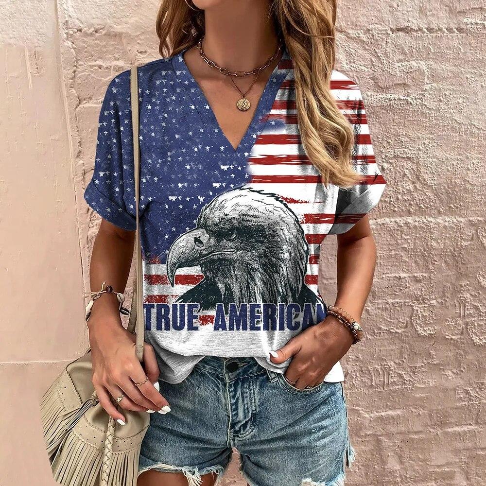 Женская футболка с v-образным вырезом, новая американская одежда ко Дню независимости, топы с 3d принтом национальных флагов, повседневный женский пуловер большого размера, 2023