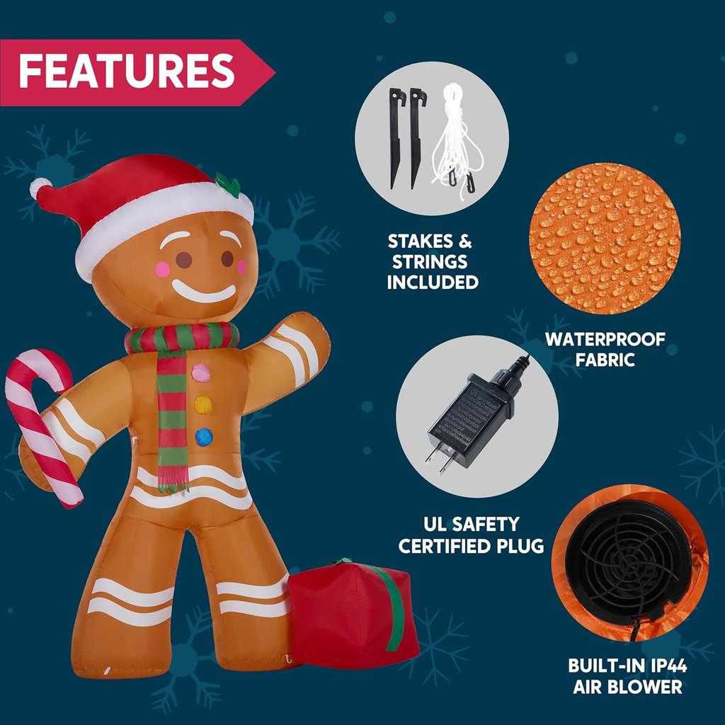 8 FT Xmas Inflatable Gingerbread Man featuring Candy Cane featuring Build-in LEDs designed for Xams Celebration Outdoor Dcor