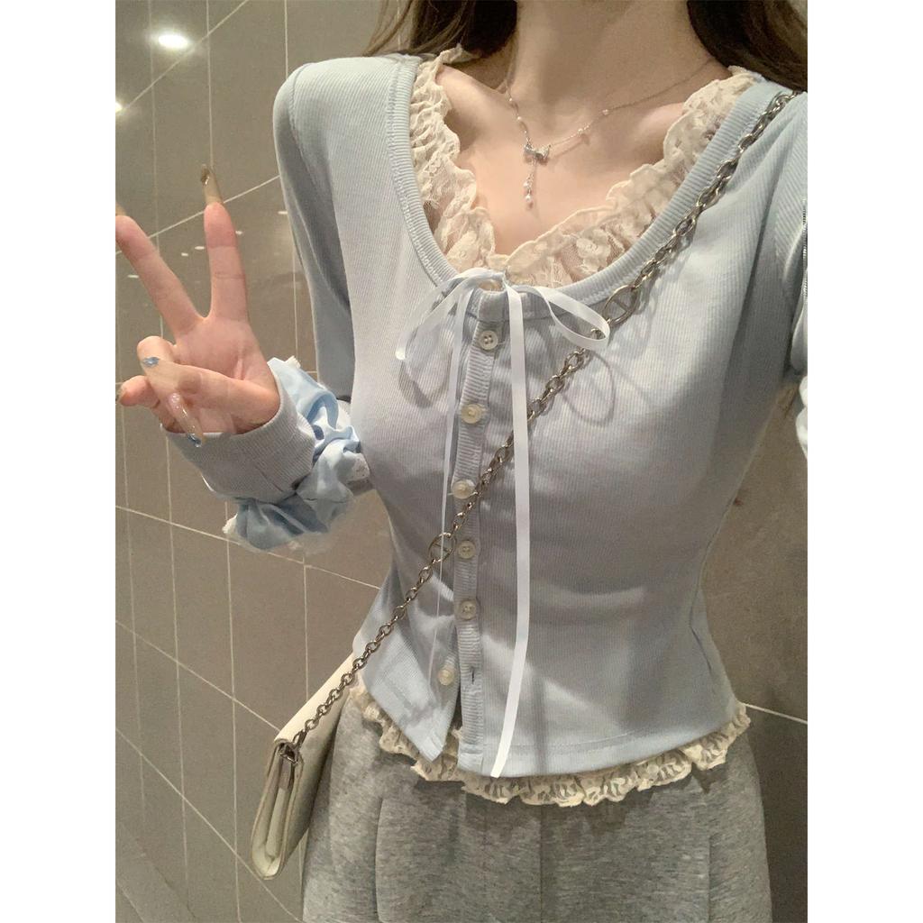 Lace stitching sweet fake two-piece long-sleeved T-shirt women's autumn small man Korean version pure desire single-breasted design top