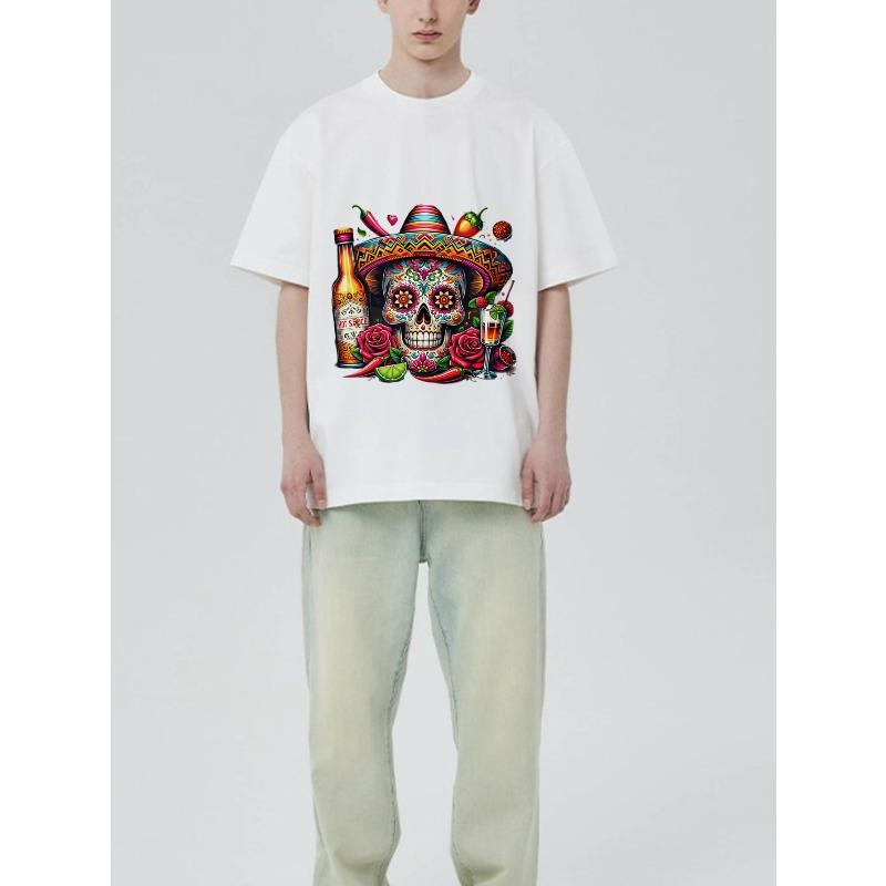 Мексиканский День Мертвых Футболка с черепом Черная Красочный Сахарный Череп в Сомбреро Розы Перец Чили Бутылка Текилы и Принт Коктейля для Вечеринки Фестиваля