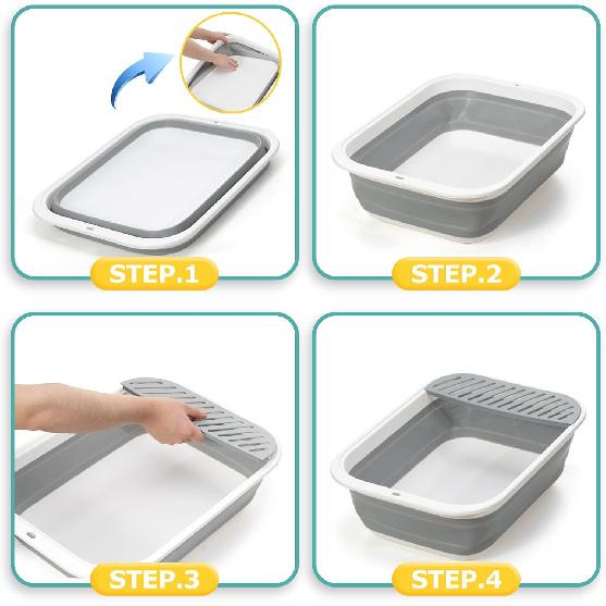 Складной лоток для кошек, большой, с регулируемой высотой, открытый, с защитой от разбрызгивания, для котят, легко чистится, с совком (Серый)