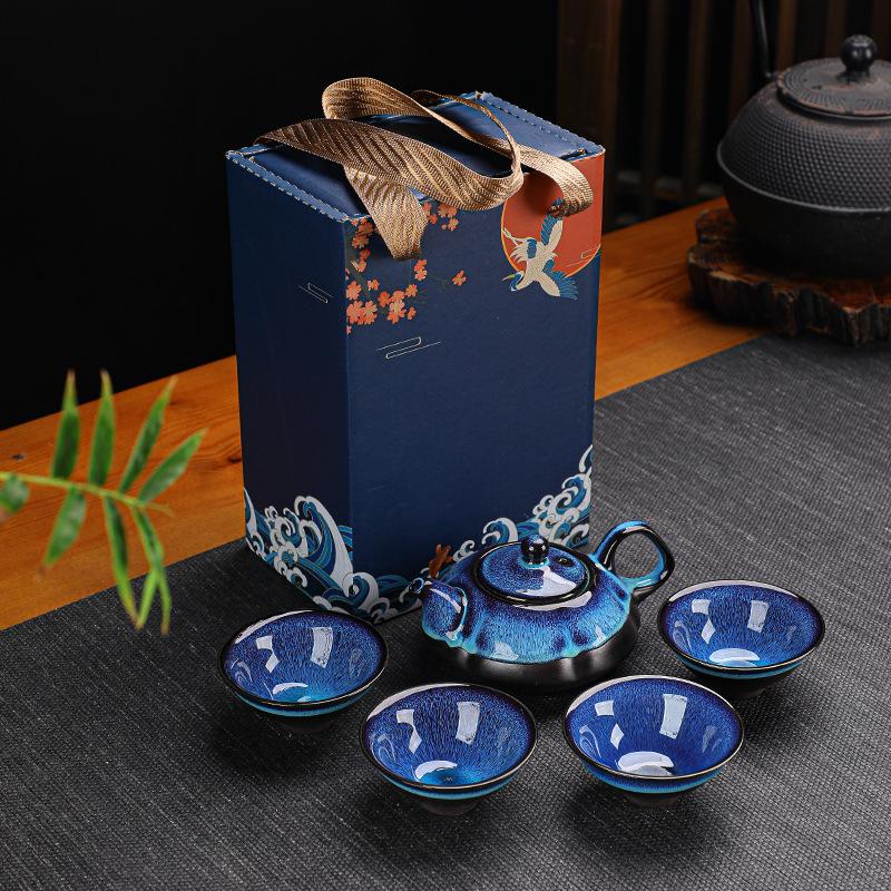 Чайный сервиз China-Chic Kiln Change Jun Kiln Build, один горшок, четыре чашки, Tianmu Glaze, бамбуковая шляпа, чашка, чайник, чайная чашка, деловой подарок