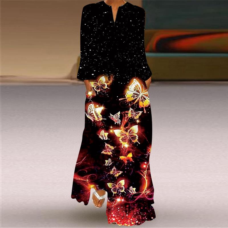 2024 European & American Women's V-Neck Long Sleeve Pocket Print Dress