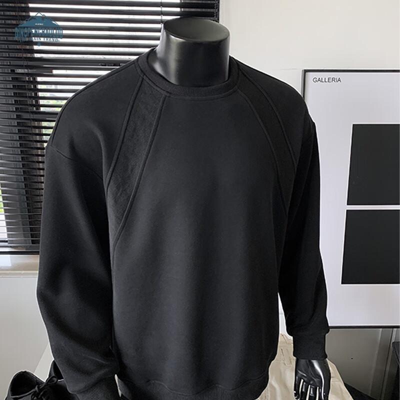 Dingfengbaoluo American Style Crewneck Sweatshirt Men Autumn Patchwork Deconstructed Solid Color Loose Casual Long Sleeve
