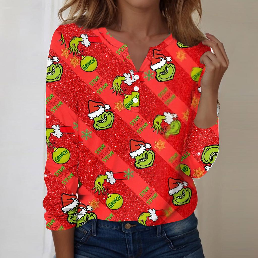 Women's Fashion Casual V-Neck Long Sleeve Decorative Button Christmas Print Top