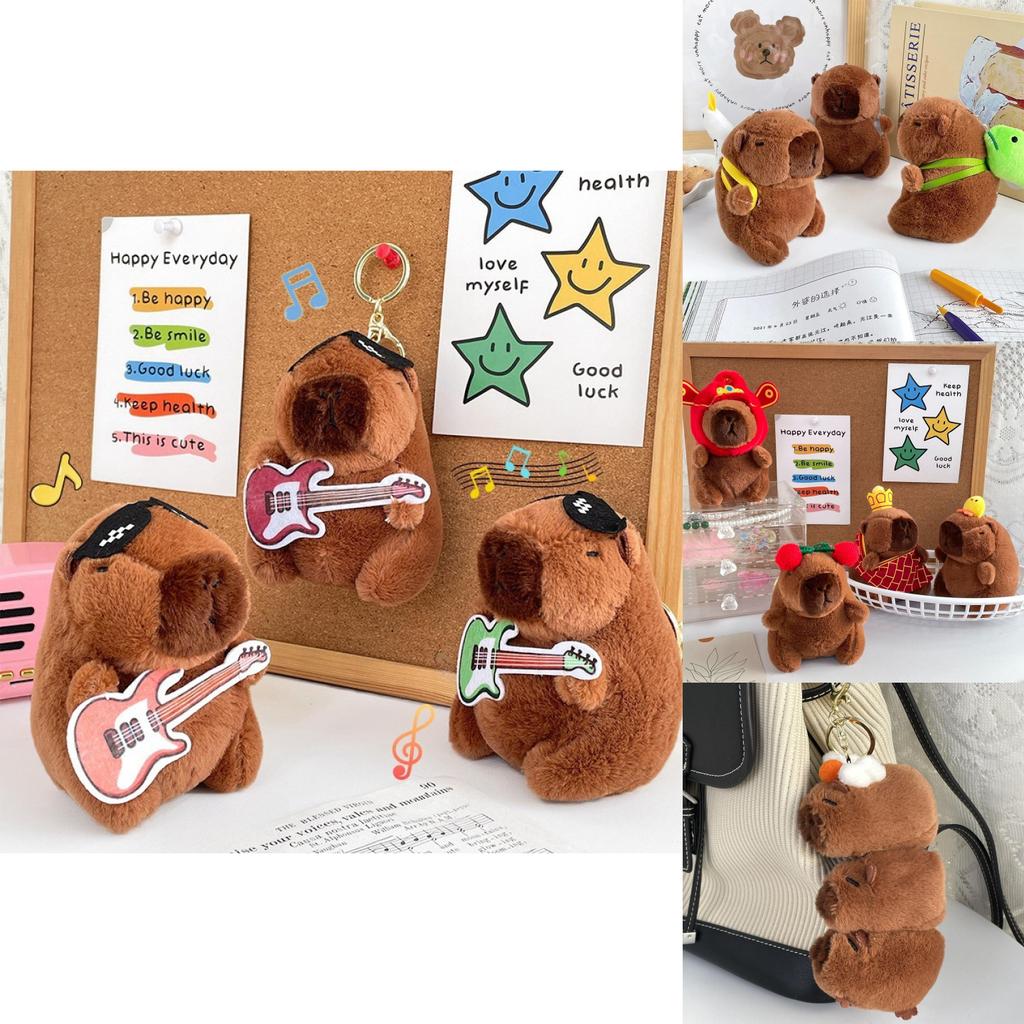 Green Guitar Capybara Plush Toy Short Fur Musical Student Backpack Keychain Cute Collectible Gift