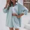 2023 Spring Women's Solid Color Long-Sleeve Lapel Shirt & High-Waist Shorts Set