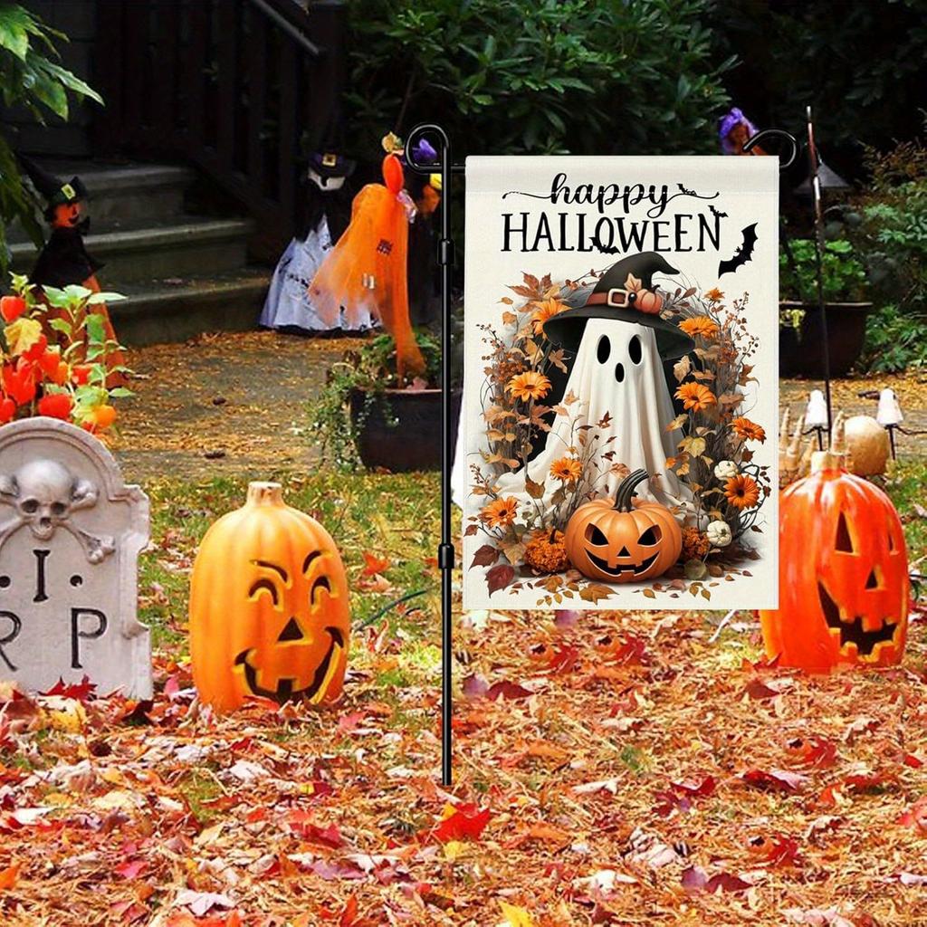 1pc Happy Halloween Garden Flag Cute Ghost Pumpkin Print Suitable for Halloween Yard Outside Decoration No Flag Pole 12X18 Inch
