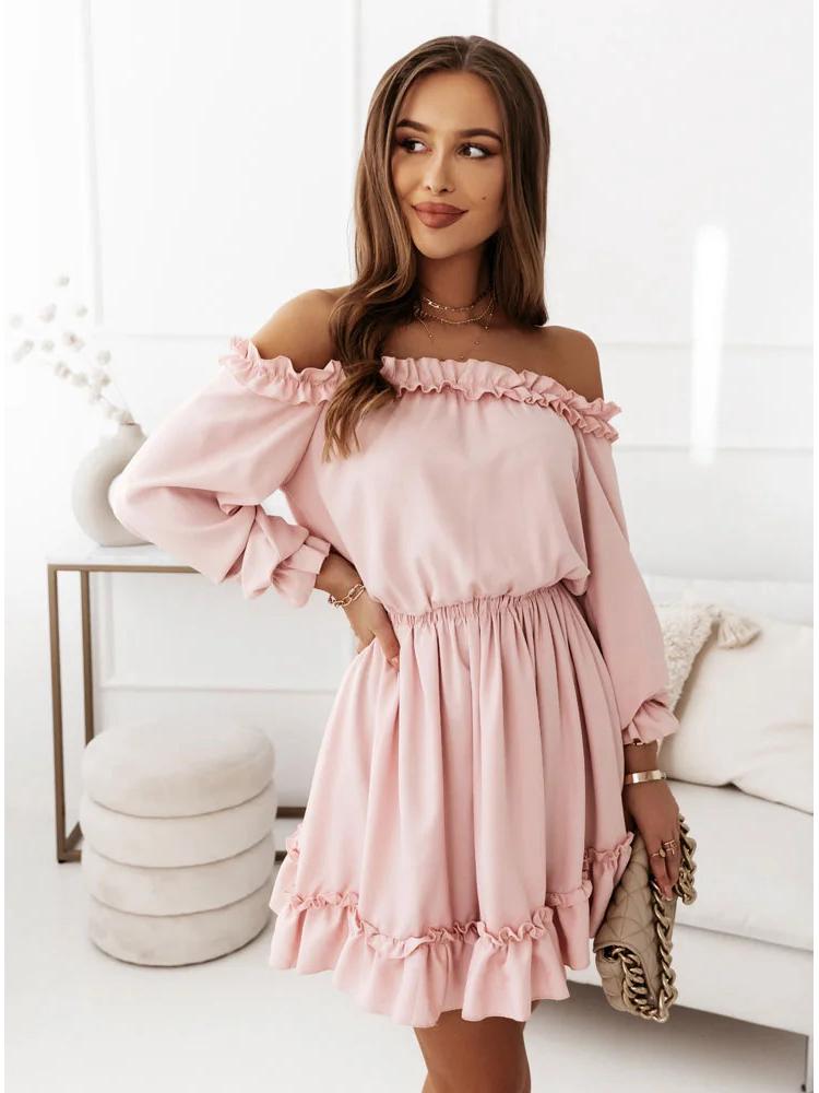 2022 Spring/Summer Women's Off-the-Shoulder Casual Solid Color Waist-Gathering Dress