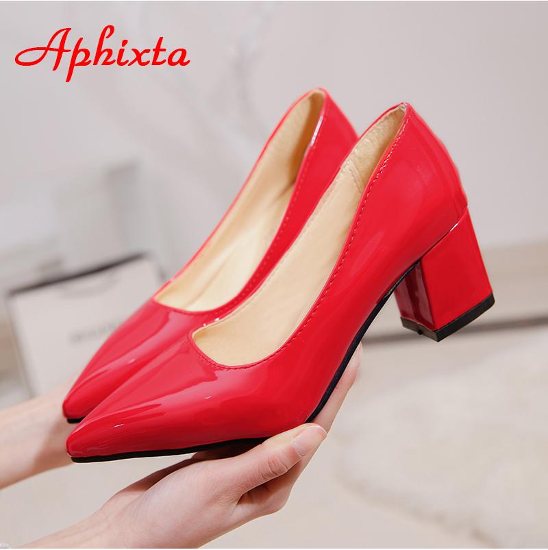 Fashion Aphixta 5cm Square Heels Patent Leather Red Pumps Shoes Woman Classics Pointed Toe Dress Official Pumps Party Plus Size 49 50