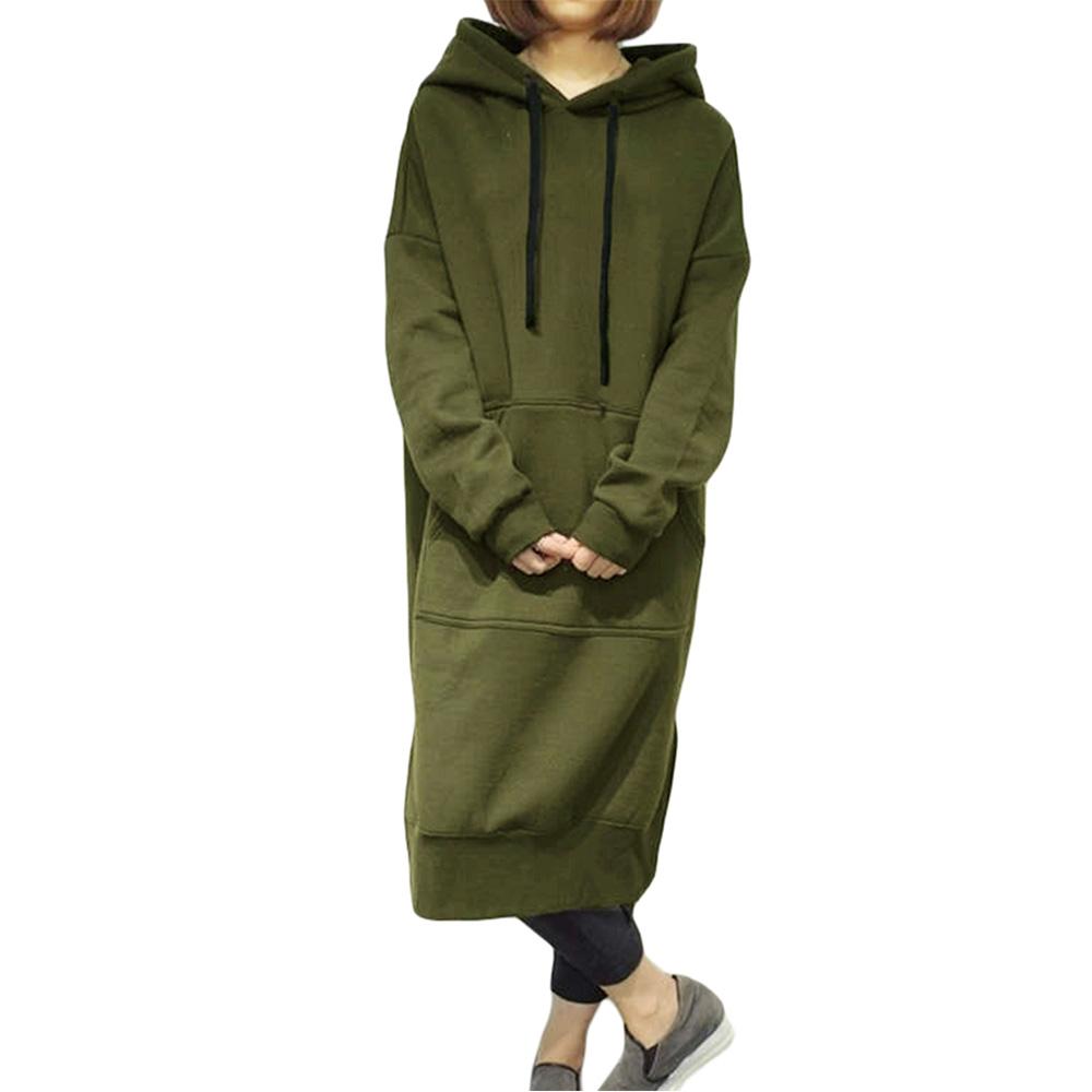 Новые женские свободные длинные толстовки с капюшоном, однотонные повседневные теплые толстовки с карманами и длинными рукавами