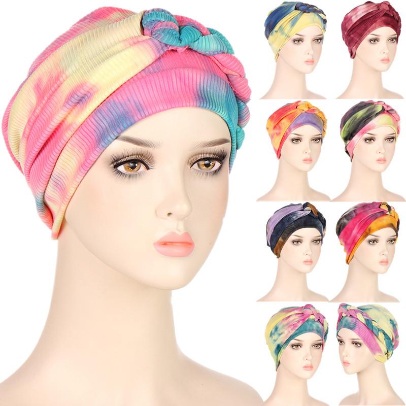 8 Colors New Fashion Braid Tie Dyed Multicolor Soft Muslim Hijab Turban Hat