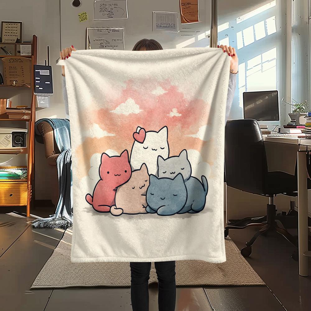 Фланелевое одеяло с принтом "Сложенные коты", Высокое качество, Комфортное для всех сезонов, Декор для дома, Тепло и уют