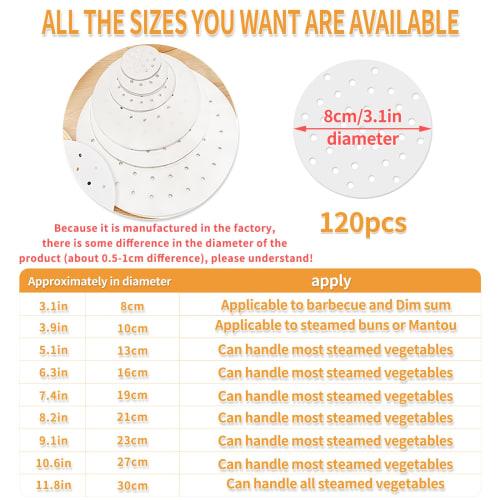 Charming Decoration: 120 Disposable Steaming Paper Sheets, Round, Perforated, for Chinese Steamers, Steamer Sheets, Steamer Paper, Cooking Paper (27cm
