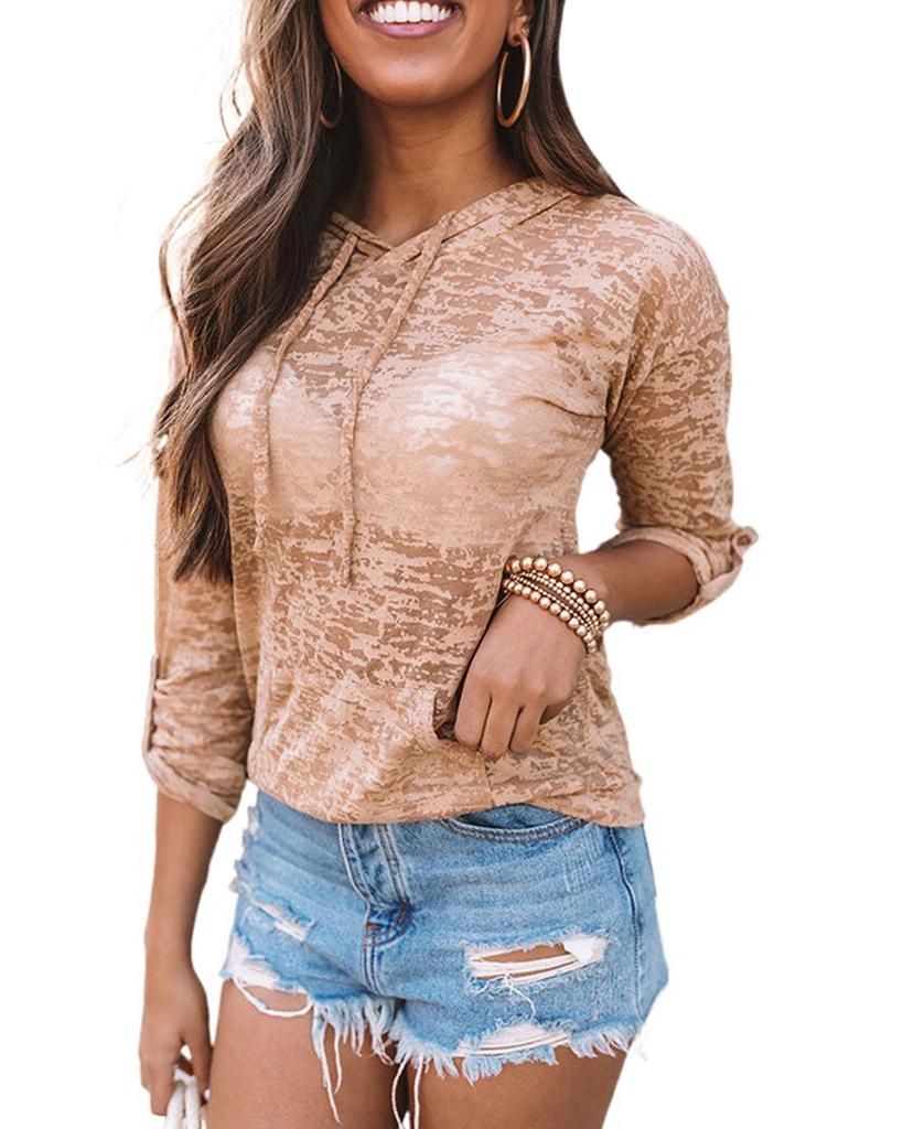 Azura Exchange Khaki Drawstring Hoodie with Kangaroo Pocket