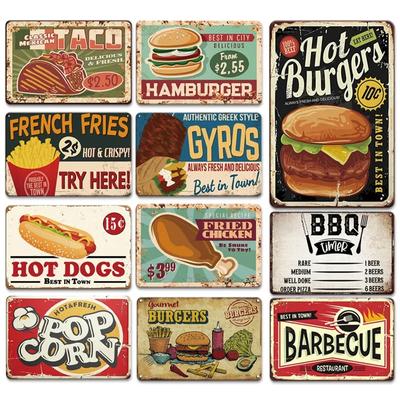 Хот-дог Свежие гамбургеры Металлические вывески BBQ Винтажные постеры Домашняя кухня Декор стены Железная тарелка Живопись Фаст-фуд Магазин Таблички