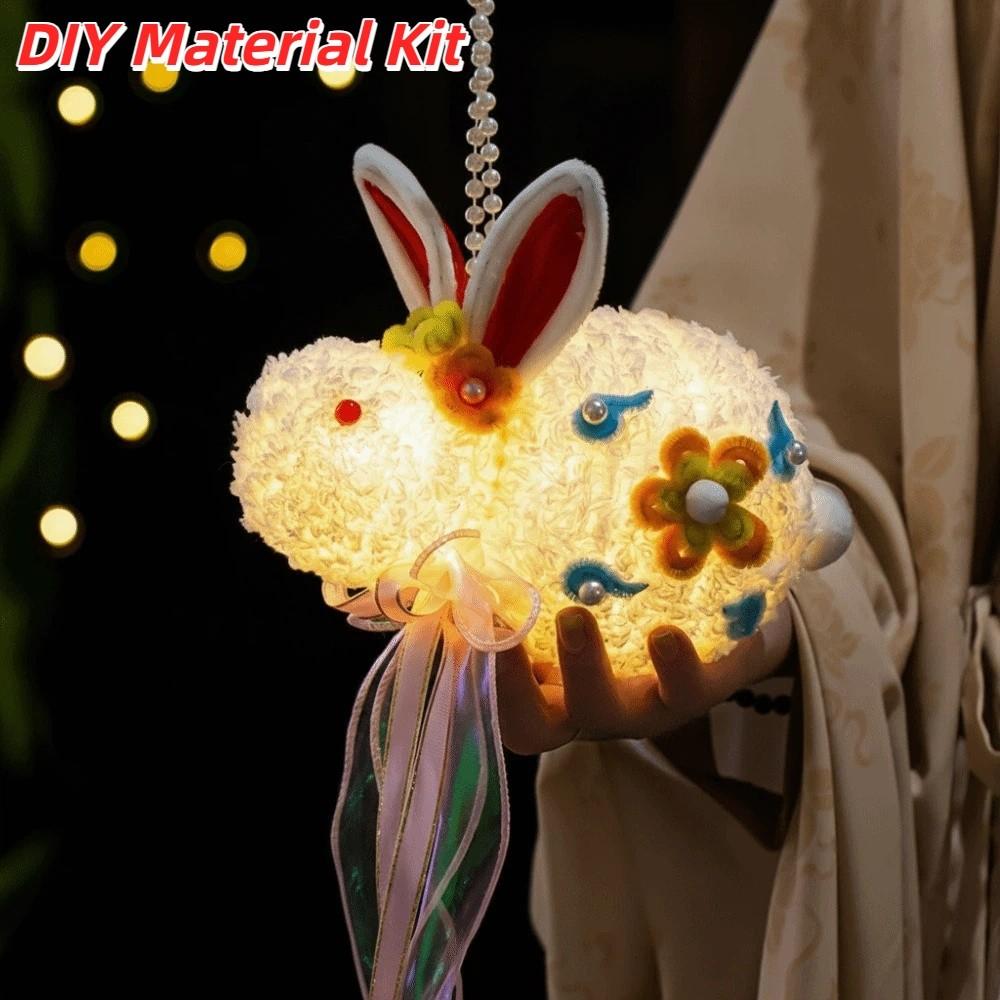 Portable Rabbit Lantern Handmade Mid-Autumn Lantern Plush Bunny Lamp  Lantern Festival