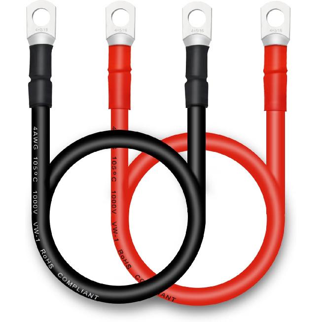4 AWG Battery Cables with 3/8 inch Copper Terminals(2PCS 1FT)
