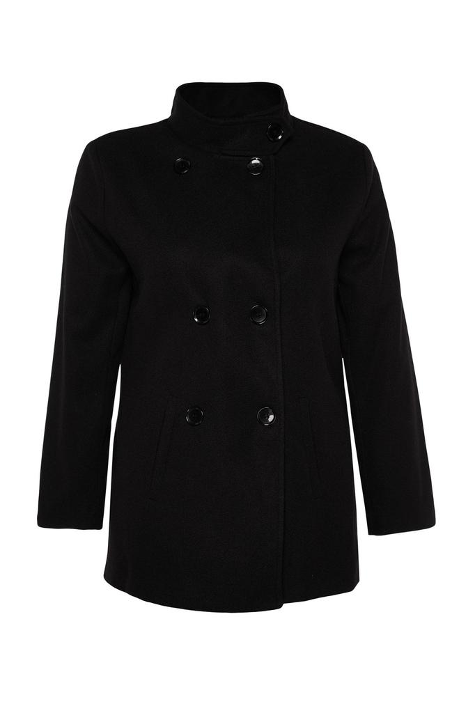 Women's Style Plus Size Black Double Closure Stand Collar Coat