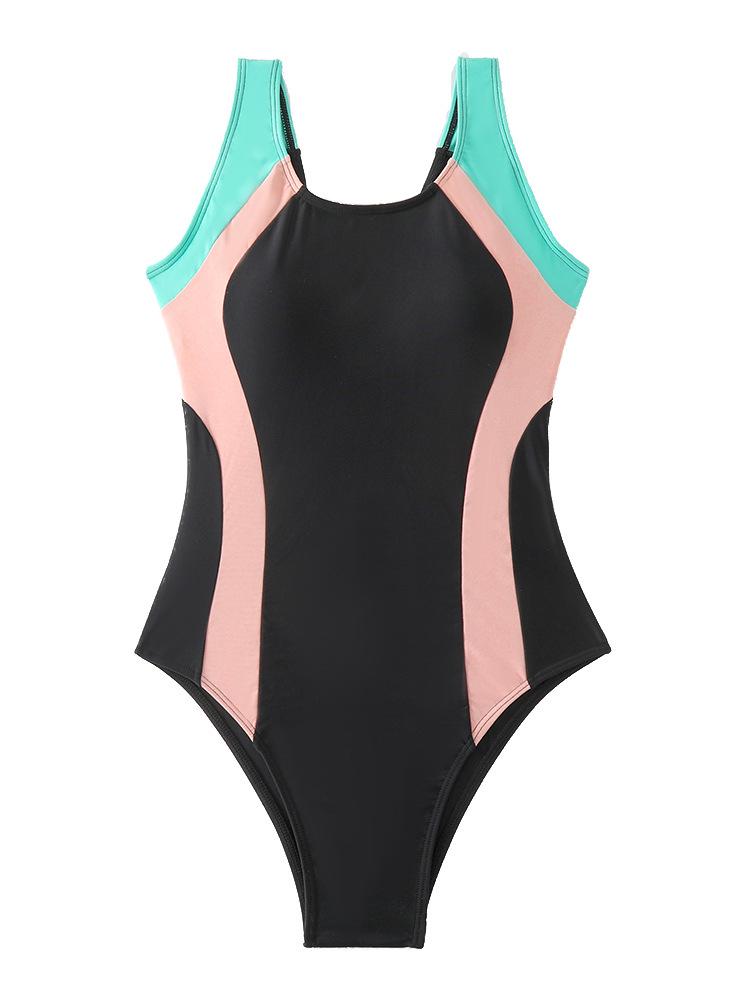 New Competitive Sport-Style Color Blocked One-Piece Swimsuit