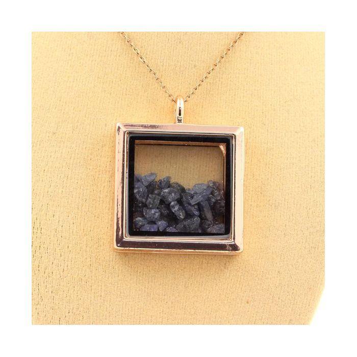 Pierres et Minéraux. Collier Saphir brut. Modèle carré. Couleur Or rose.