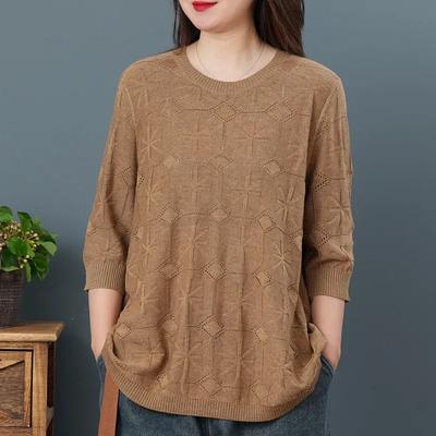 Осенний хлопковый повседневный вязаный свитер с круглым вырезом и рукавом три четверти для женщин, ретро, литературный, свободный, тонкий
