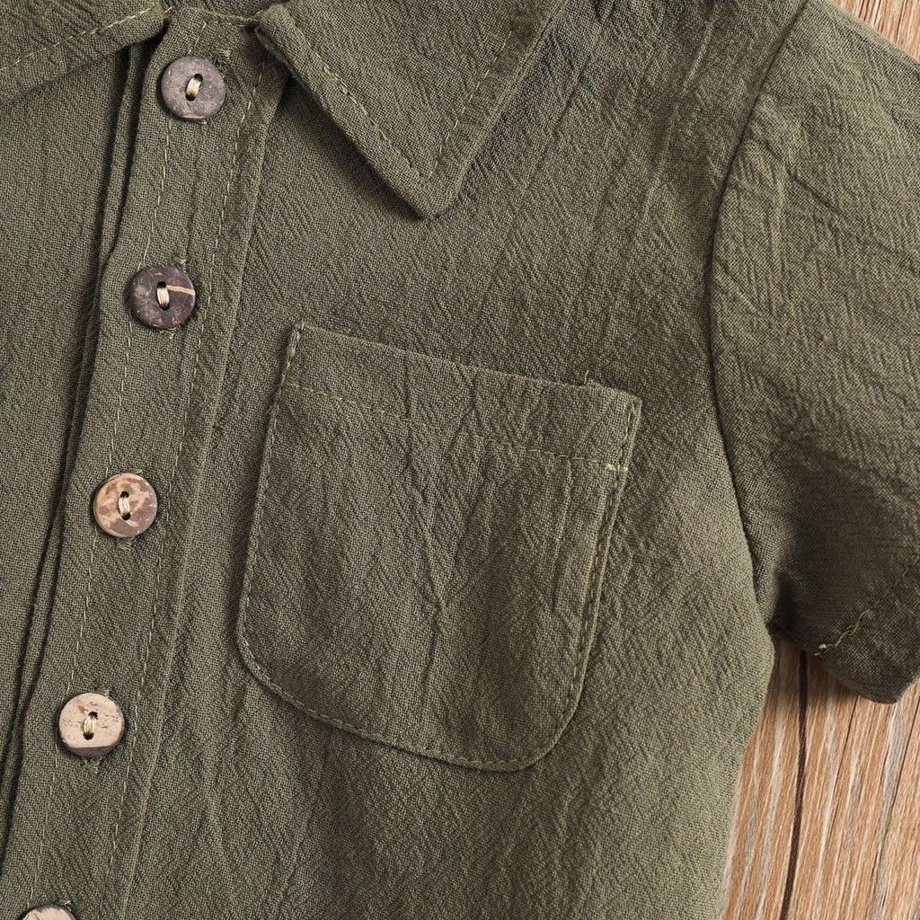 Малыш Мальчик Хлопок Лен Летняя Одежда Однотонная На Пуговицах Карманы Блузка Топ+Короткие Штаны 2шт Комплекты