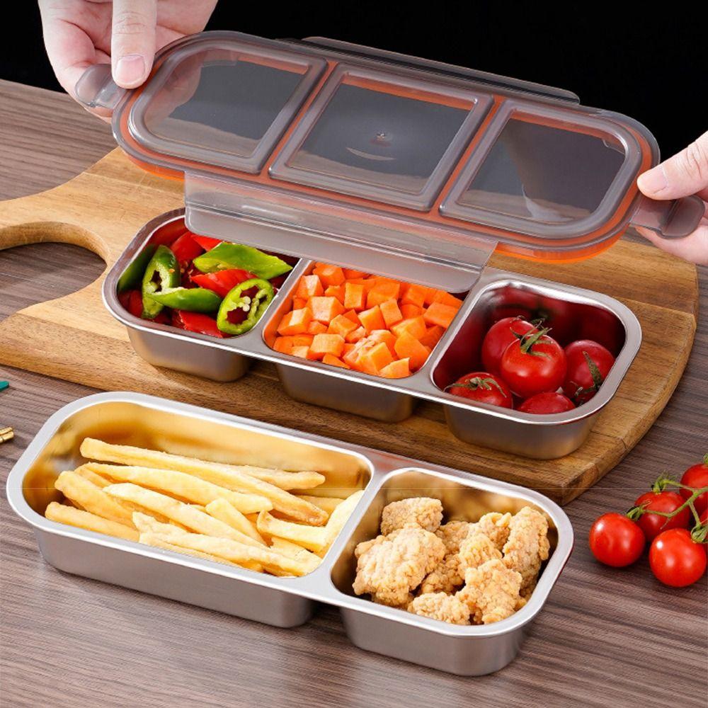 2/3 Grids Stainless Steel Lunch Box Fresh-keeping Sealed Seasoning Tray Leak-proof Portable Snack Box For Home/School/Office