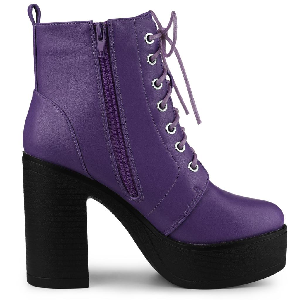 Allegra K Lace-Up Ankle Boots with Platform and Thick Heel, Perfect for Parties and Halloween, Purple, Size 24.0cm