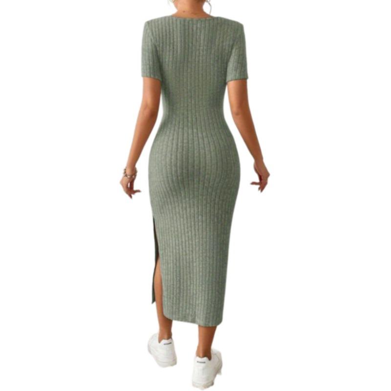 2023 European and American New Independent Station Amazon Hot French Square Collar Side Split Rib Knitted Short-sleeved Dress