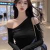 Pure Desire Hot Girl Style Asymmetrical Neckline Off-Shoulder Long-Sleeve T-Shirt for Women, Autumn Sexy Irregular Slim-Fit Base Layer Top