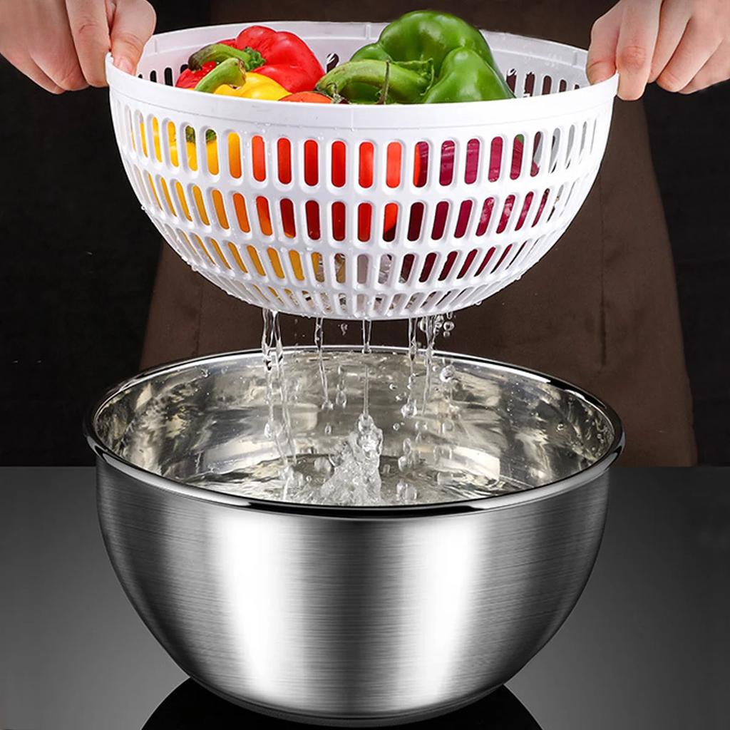 Stainless Steel Salad Spinner Manual Press Type Vegetable Spinner 35L Multifunctional Home Lettuce Vegetable Fruit Washer