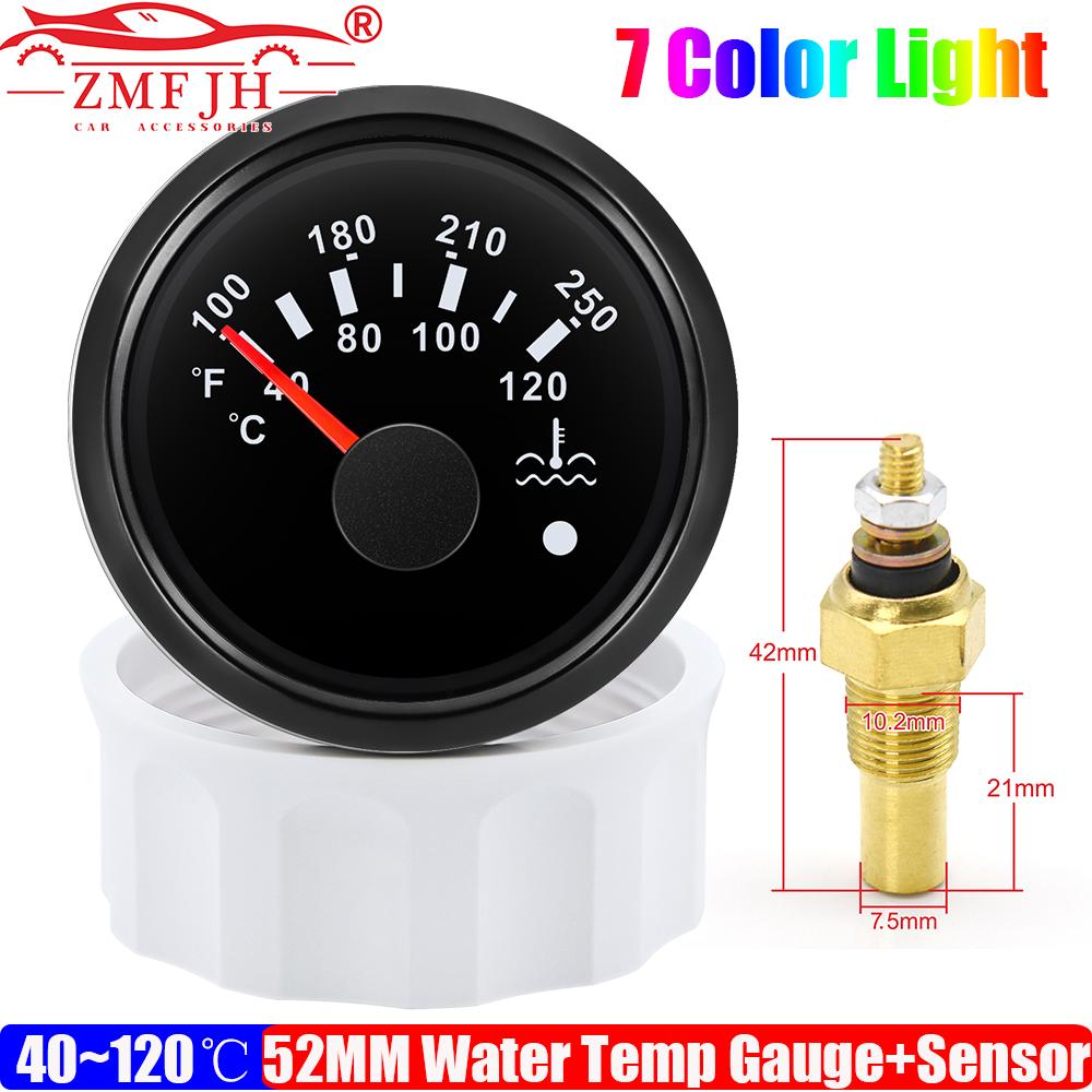 40-120℃,100-250℉ 52MM Water Temperature Gauge With Flashing Alarm Temp Sensor 10.2MM for Auto Car Boat Yacht 7 Color Light