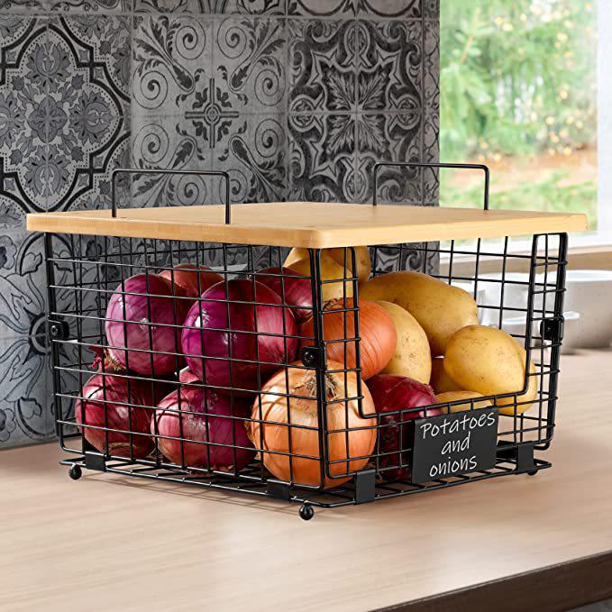 Multi-purpose Folding Iron & Bamboo Storage Rack with Double-layer Baskets for Kitchen & Living Room