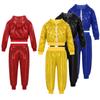 Kids Boys Girls Sparkly Sequins Long Sleeve Hip Hop Jazz Street Dance Costumes Long Sleeve Hooded Jacket Pants Set