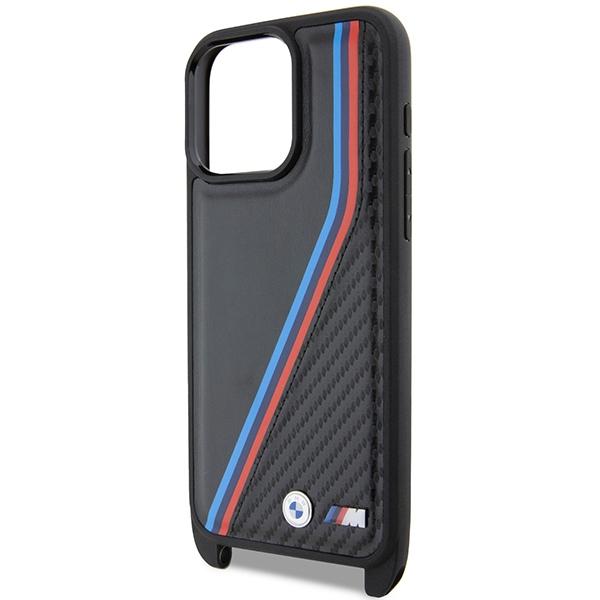 BMW Чехол для iPhone 15 Pro 6.1 Black/Black Hardcase M Edition Carbon Tricolor Lines & Strap (черный/черный)