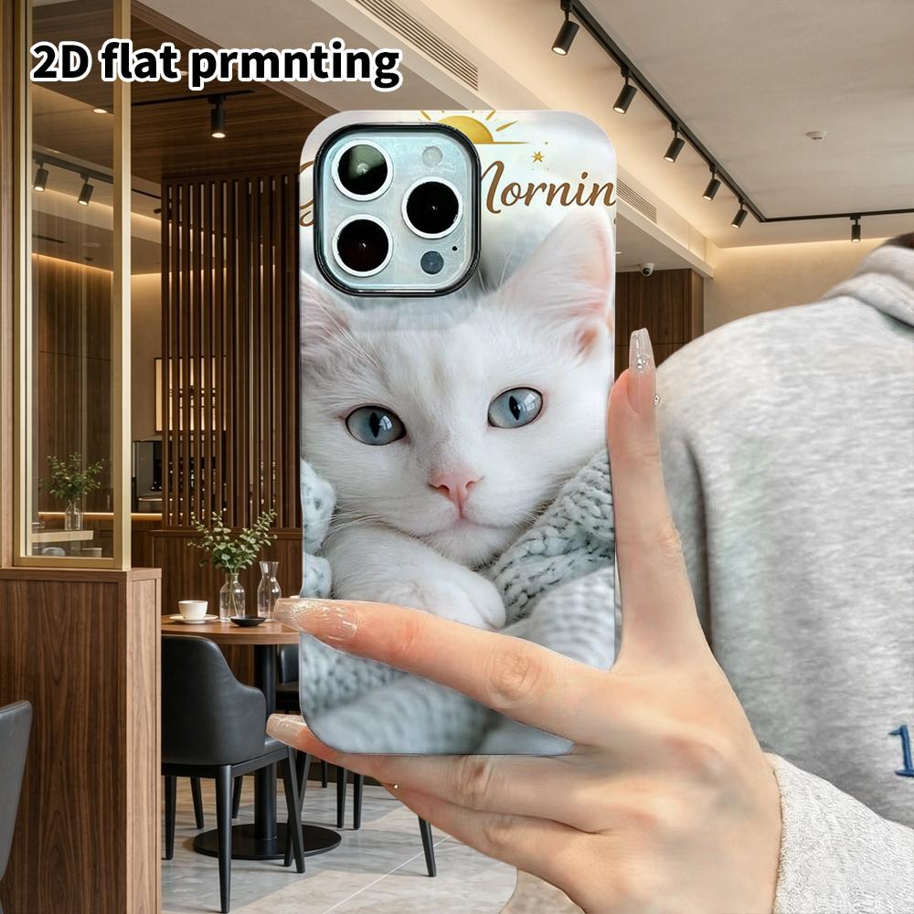 Phone Case: 2D flat design suitable for iPhone 18 17 16 15 14 13 Pro film protective case, couple style, fluffy white cat, Christmas and Halloween gif
