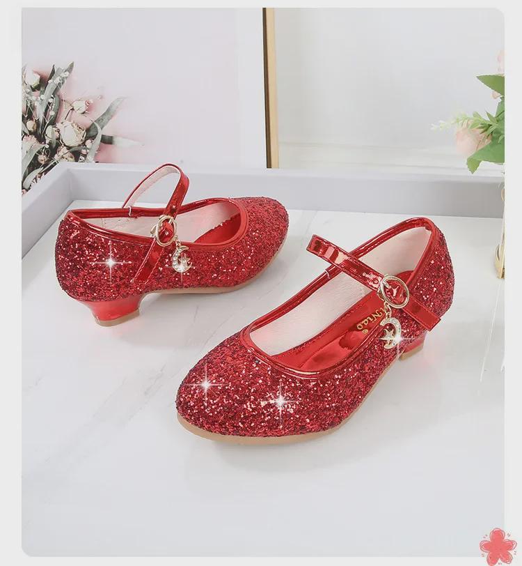 2025 Spring Girls' Rhinestone Sequin Princess Shoes - Solid Color Strap Buckle for Children's Performances