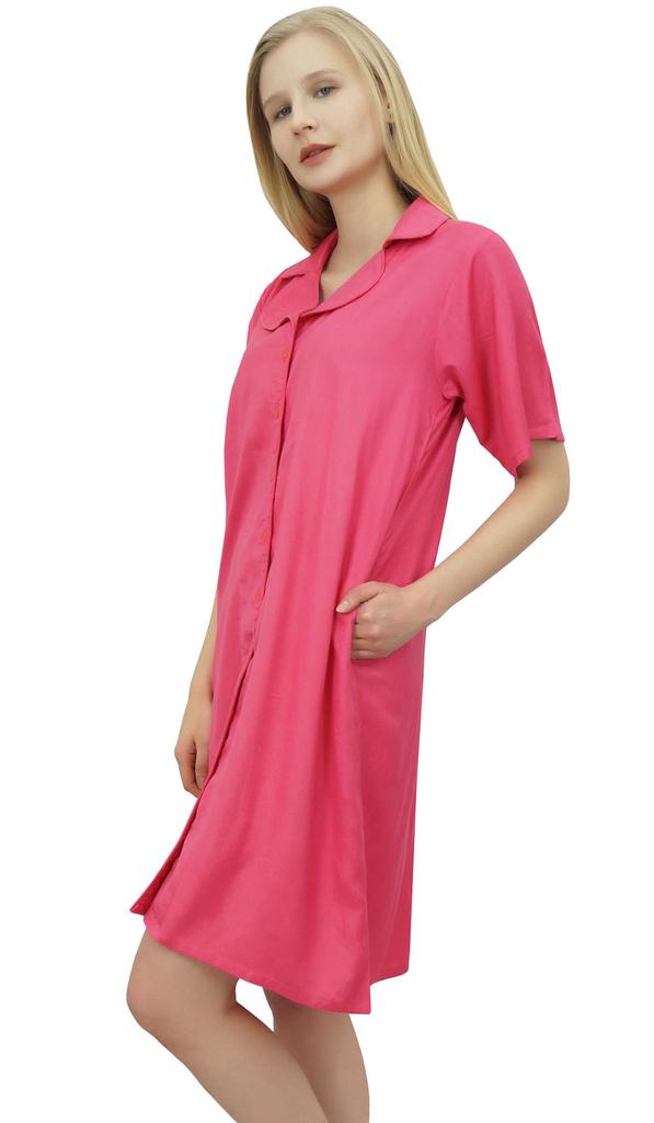 Bimba Women's Nightwear Beige Shirt Short Sleeve Dress With Pockets