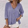Women's Fashion Casual Solid Color V-Neck Chest Button Seven Sleeve T-Shirt Top