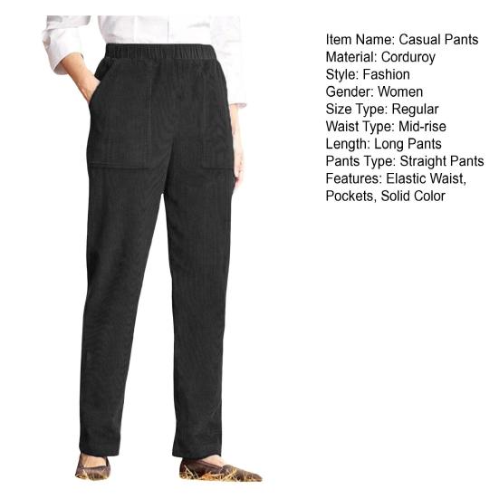 Corduroy Casual Pants Elastic Waist Women Long Pants with Pockets Solid Color Straight