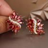 Vintage Flower Red Cubic Zirconia Stud Earrings for Women Gold Color Fashion Wedding Jewelry Christmas Gift