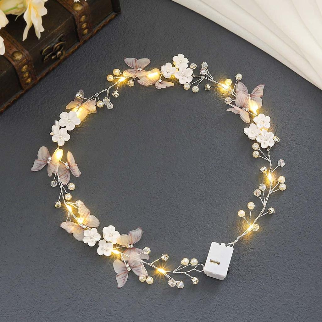 Unicra Butterfly Light up Headband Flower Bridal Wedding Hair Vine Silver Bride Hair Piece Pearl Hair Accessories for Women and Girls