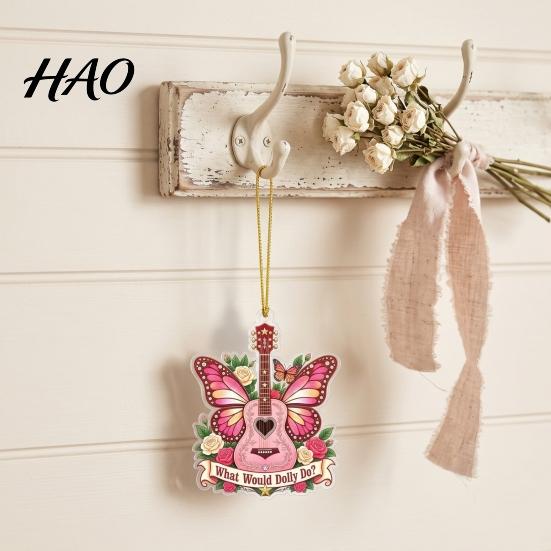 Personalized Holiday Tree Decor Pink Guitar Butterfly Ornament, Acrylic Music Hanging with Rose Artistic Baubles And Quote, Christmas Pendant, Country